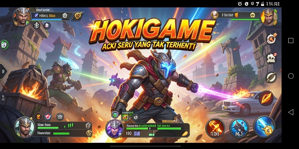 Tangkapan layar HOKIGAME menampilkan aksi pertempuran seru dan strategis.