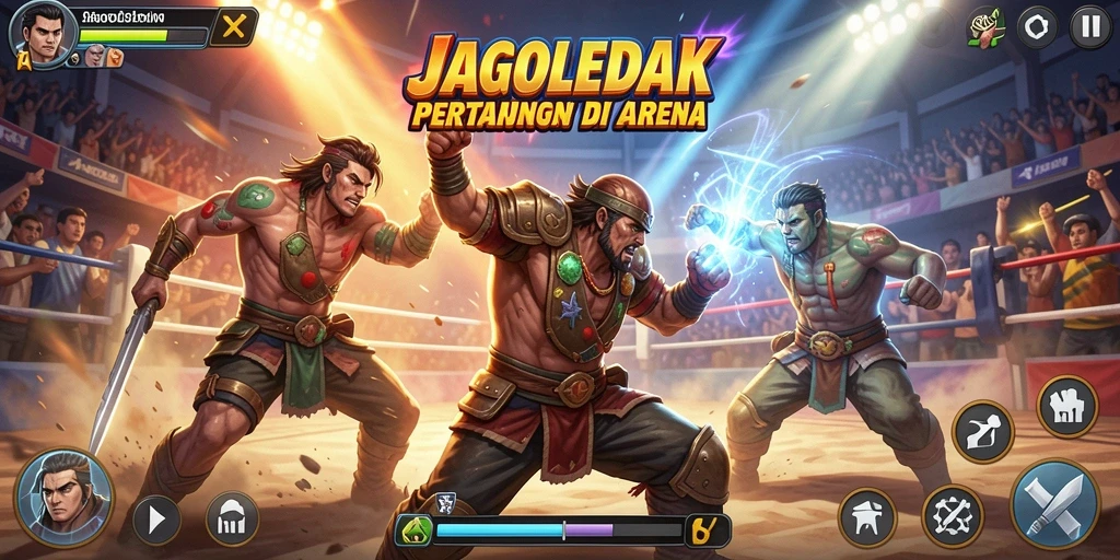 Screenshot JAGOLEDAK menunjukkan aksi pertarungan yang seru dan mendebarkan.