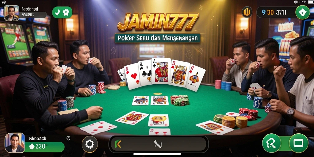 Tangkapan layar permainan Poker yang menunjukkan aksi mendebarkan di meja.