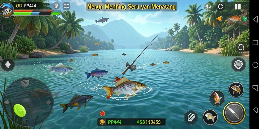 Tampilan gameplay PP444 yang menampilkan momen menangkap ikan.